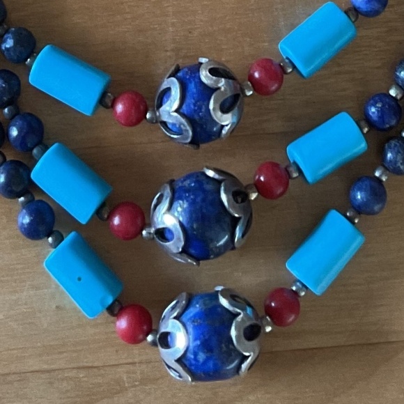vintage multi strand necklace Lapis lazuli/Turquose/ Red coral - Picture 9 of 9